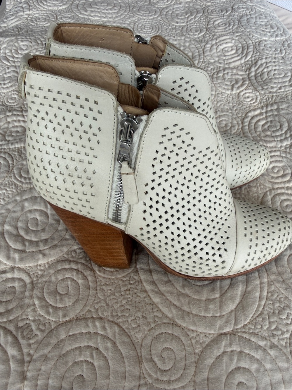 rag & bone White Perforated Leather Ankle Booties with Wood Stacked Heel